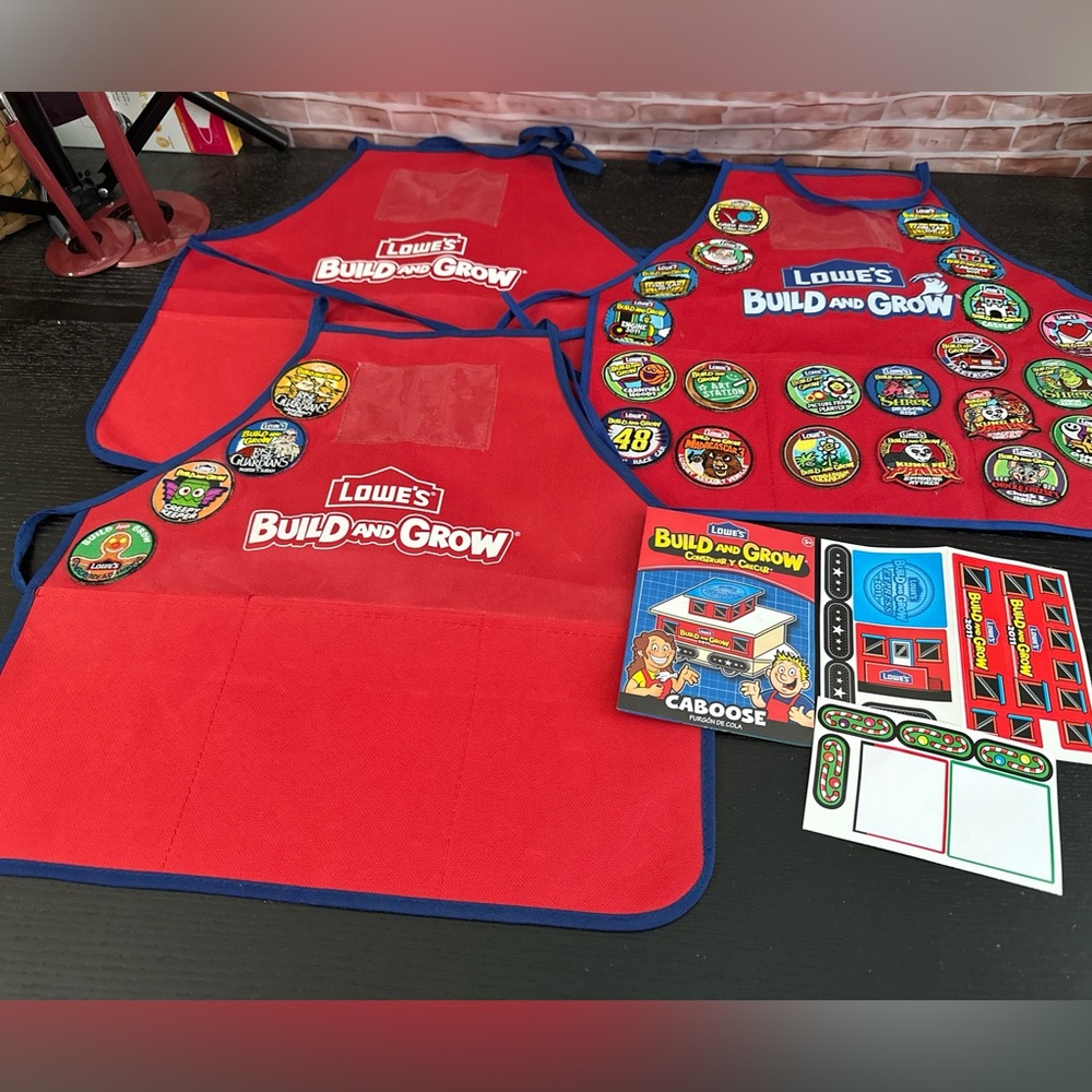 Lot of 3 Lowes Build and Grow Kids Aprons & Tons Of Patches